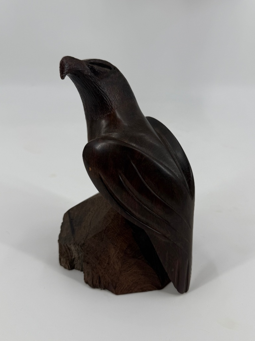 Vintage Hand Carved Dark Wood Eagle Sculpture Perched on Wood Base 9 Inch.